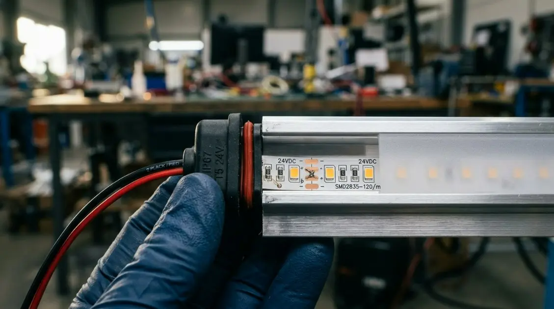 A technical diagram illustrating the installation of LED strips into a T5 aluminum housing with waterproof end caps.